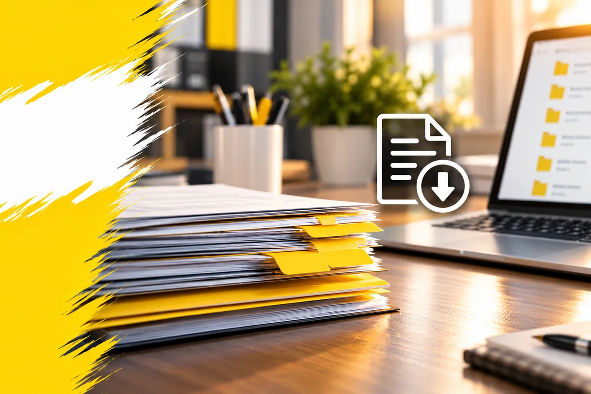 Schreibtisch mit Unterlagen, Laptop und Download-Symbol