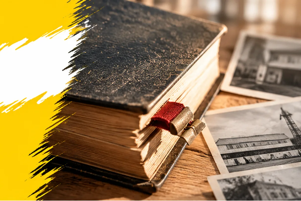 Altes Buch mit rotem Lesezeichen und historischen Fotos
