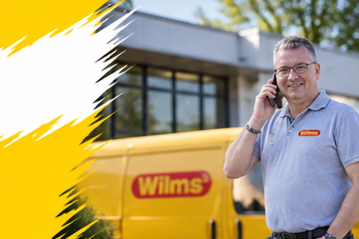 Wilms-Mitarbeiter telefoniert vor einem Servicefahrzeug