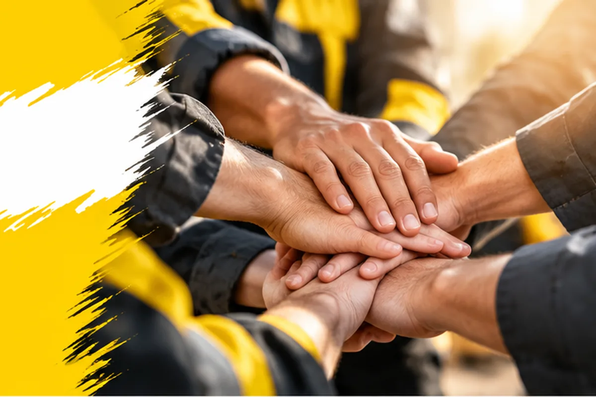 Übereinandergelegte Hände in Arbeitskleidung, Sinnbild für das Team
