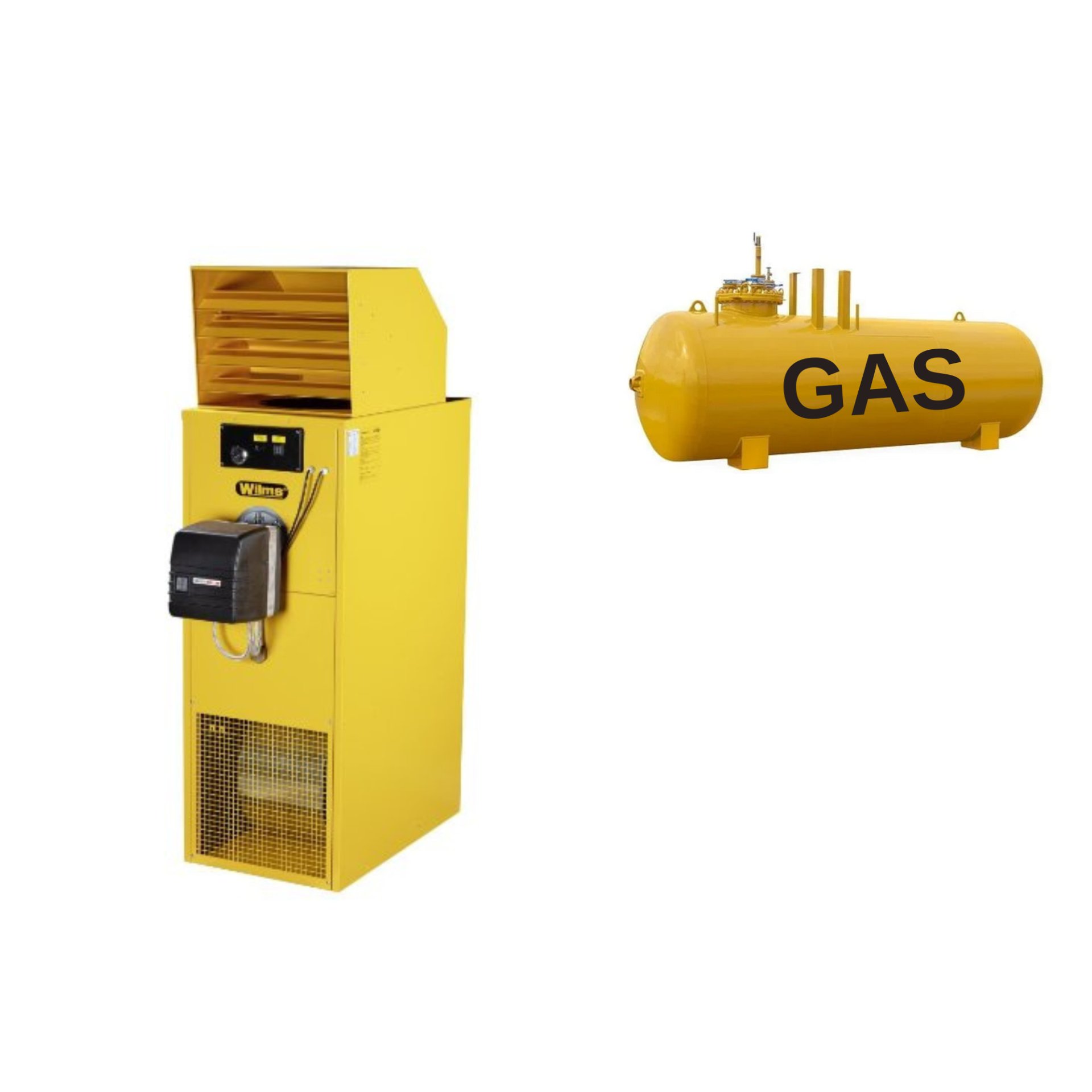 WILMS workshop air heater with WLE 40 GAS flue gas duct (version with natural gas or LPG burner)